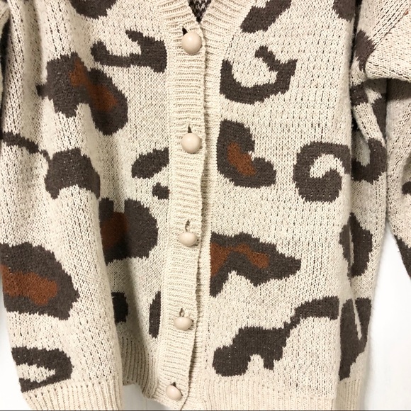 Leopard Print Tan and Brown Knit Cardigan Sweater - Picture 2 of 7
